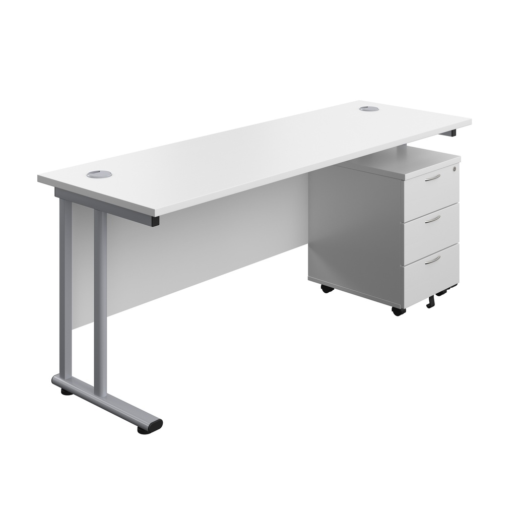 Twin Upright Rectangular Desk + Mobile 3 Drawer Pedestal (FSC) | 1800X600 | White/Silver | 