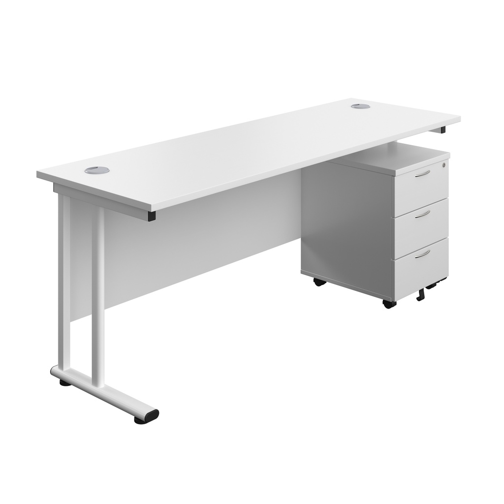 Twin Upright Rectangular Desk + Mobile 3 Drawer Pedestal (FSC) | 1800X600 | White/White | 