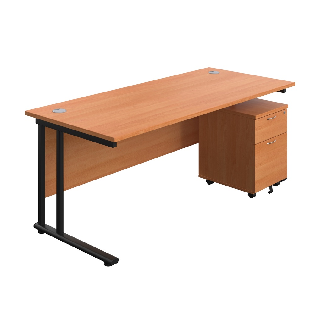 Twin Upright Rectangular Desk + Mobile 2 Drawer Pedestal (FSC) | 1800X800 | Beech/Black | 