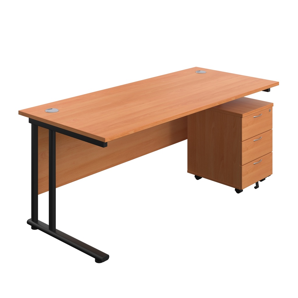 Twin Upright Rectangular Desk + Mobile 3 Drawer Pedestal (FSC) | 1800X800 | Beech/Black | 