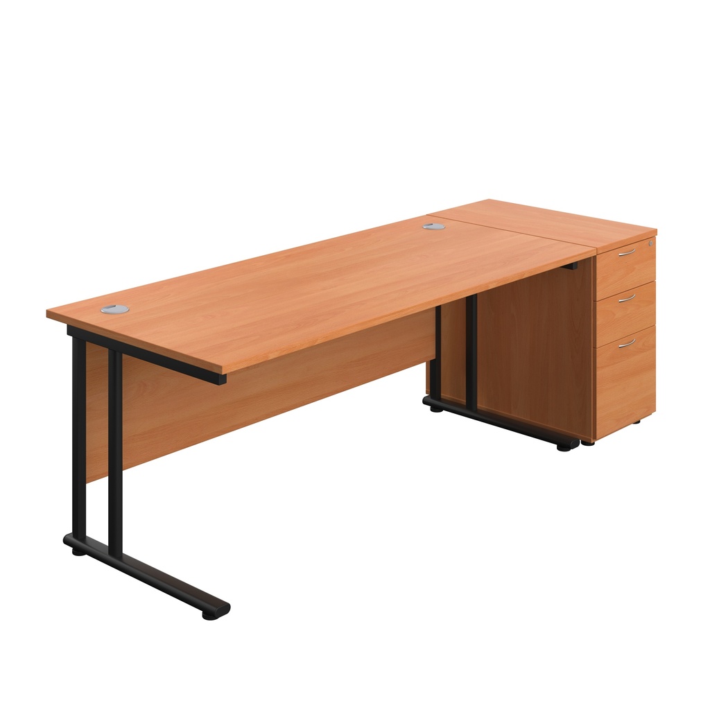 Twin Upright Rectangular Desk + Desk High 3 Drawer Pedestal (FSC) | 1800X800 | Beech/Black | 