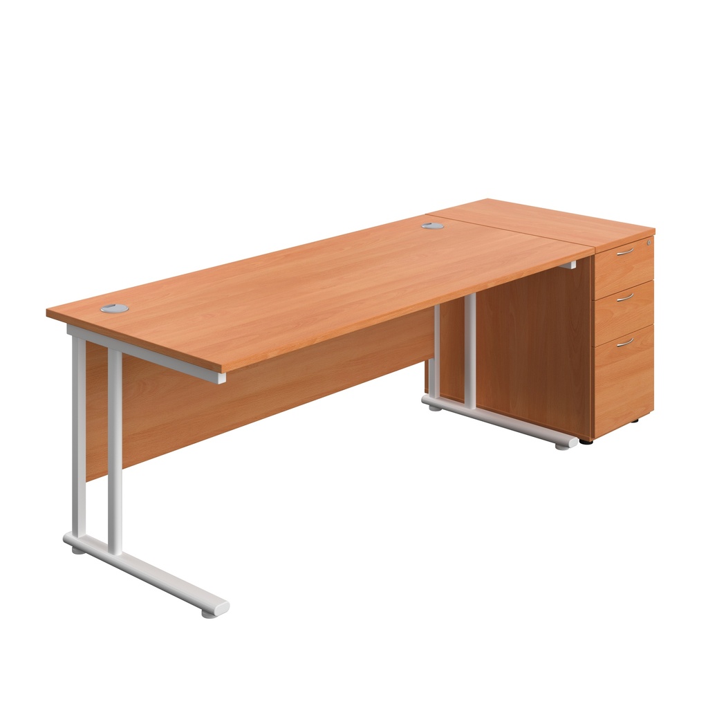 Twin Upright Rectangular Desk + Desk High 3 Drawer Pedestal (FSC) | 1800X800 | Beech/White | 