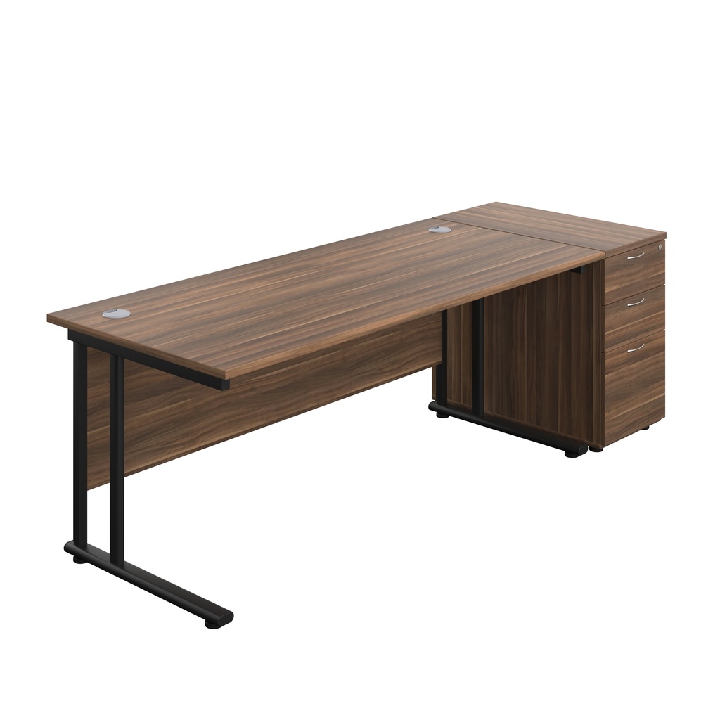 Twin Upright Rectangular Desk + Desk High 3 Drawer Pedestal (FSC) | 1800X800 | Dark Walnut/Black | 
