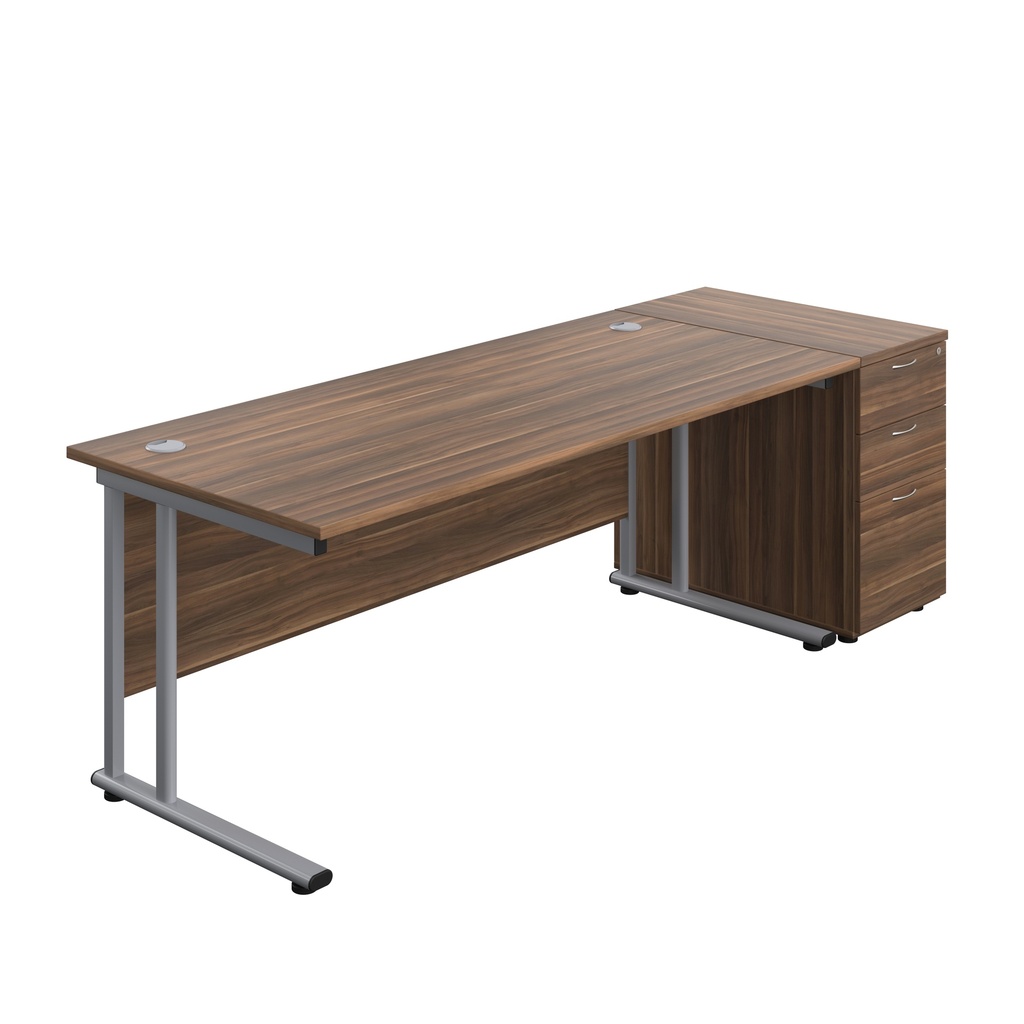Twin Upright Rectangular Desk + Desk High 3 Drawer Pedestal (FSC) | 1800X800 | Dark Walnut/Silver | 