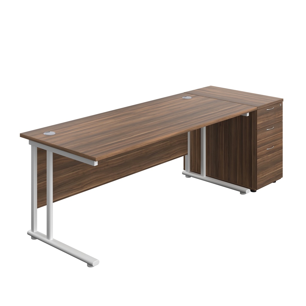 Twin Upright Rectangular Desk + Desk High 3 Drawer Pedestal (FSC) | 1800X800 | Dark Walnut/White | 