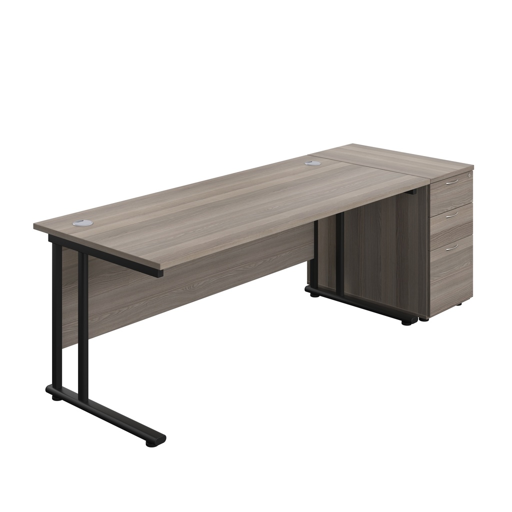 Twin Upright Rectangular Desk + Desk High 3 Drawer Pedestal (FSC) | 1800X800 | Grey Oak/Black | 