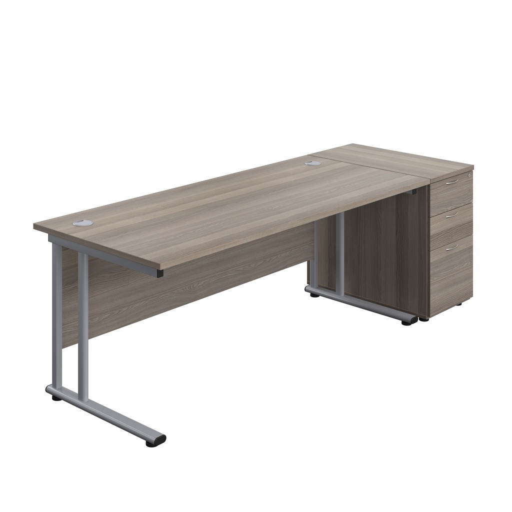 Twin Upright Rectangular Desk + Desk High 3 Drawer Pedestal (FSC) | 1800X800 | Grey Oak/Silver | 