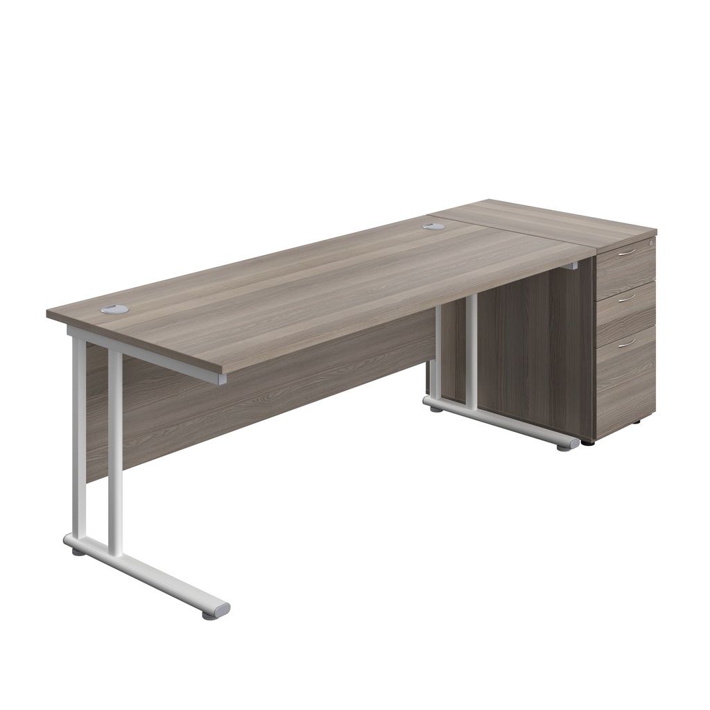 Twin Upright Rectangular Desk + Desk High 3 Drawer Pedestal (FSC) | 1800X800 | Grey Oak/White | 