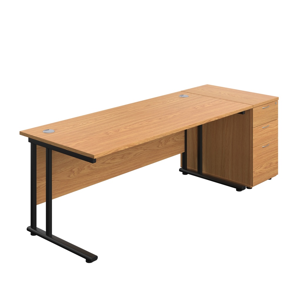 Twin Upright Rectangular Desk + Desk High 3 Drawer Pedestal (FSC) | 1800X800 | Nova Oak/Black | 