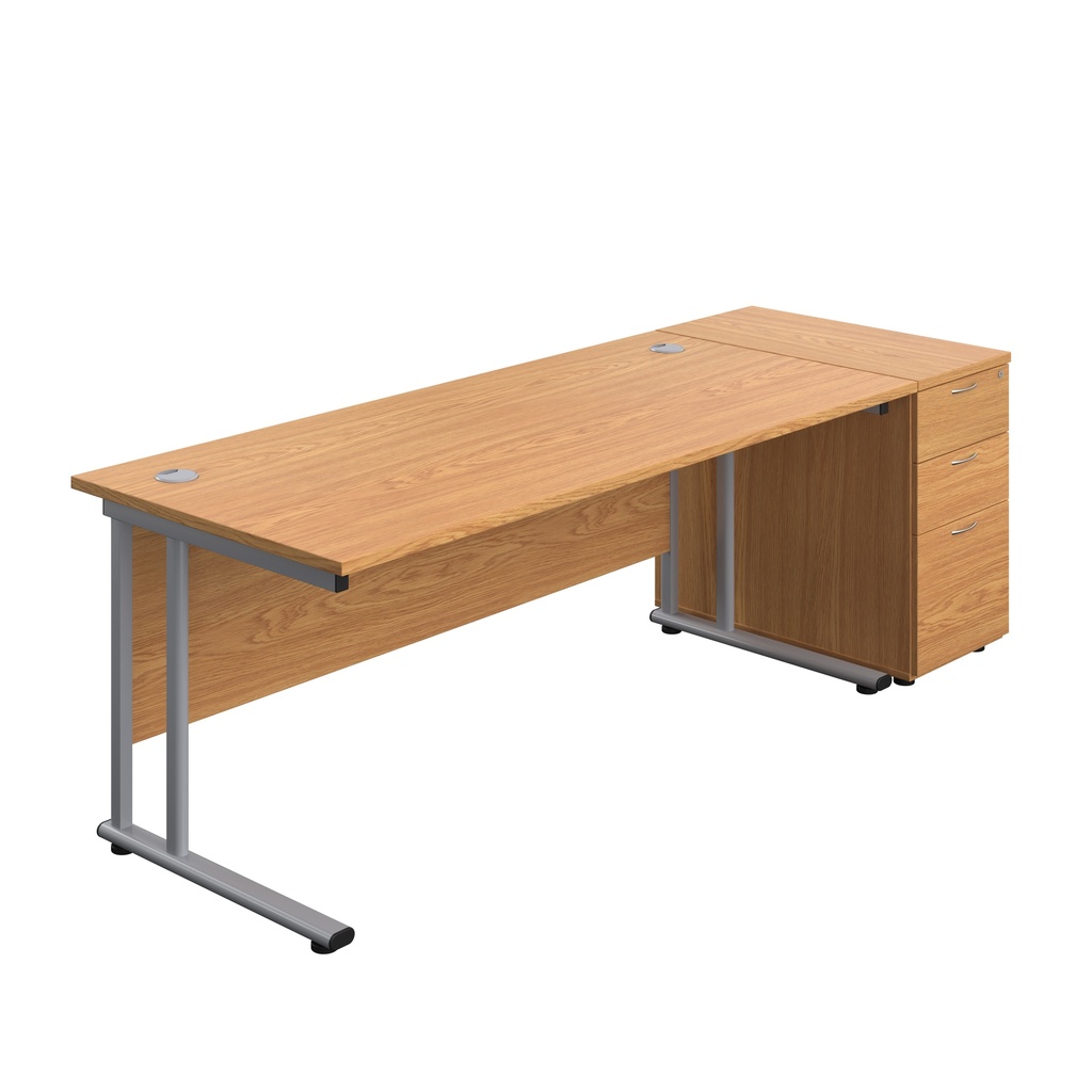Twin Upright Rectangular Desk + Desk High 3 Drawer Pedestal (FSC) | 1800X800 | Nova Oak/Silver | 