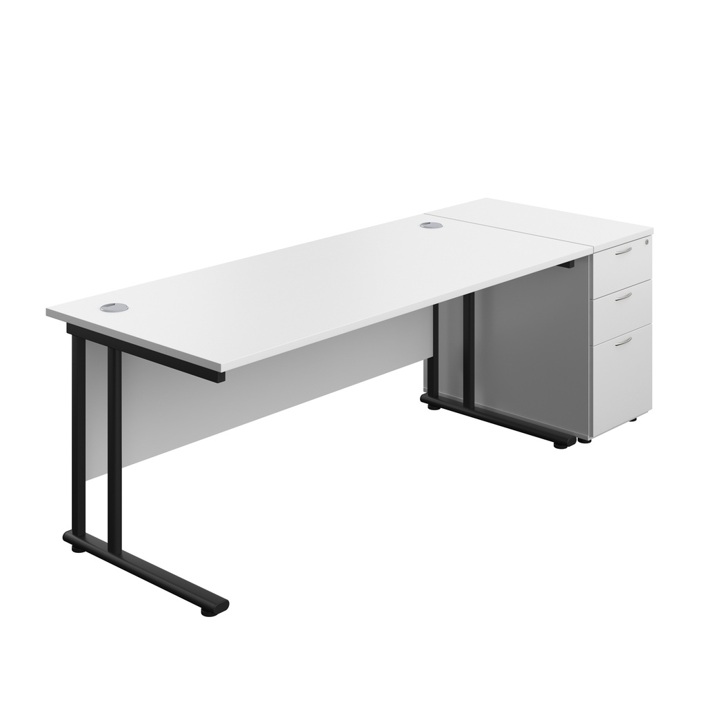 Twin Upright Rectangular Desk + Desk High 3 Drawer Pedestal (FSC) | 1800X800 | White/Black | 