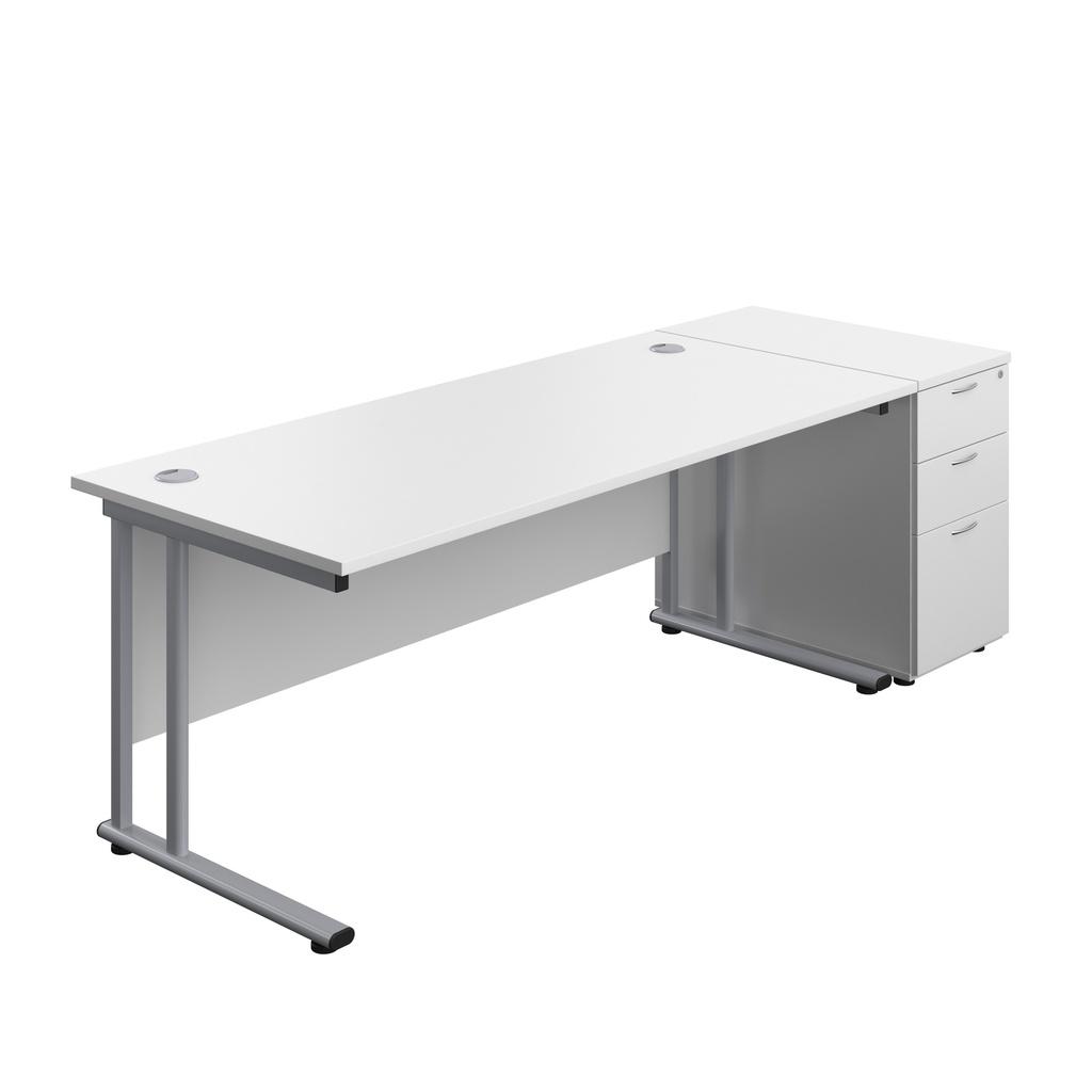 Twin Upright Rectangular Desk + Desk High 3 Drawer Pedestal (FSC) | 1800X800 | White/Silver | 