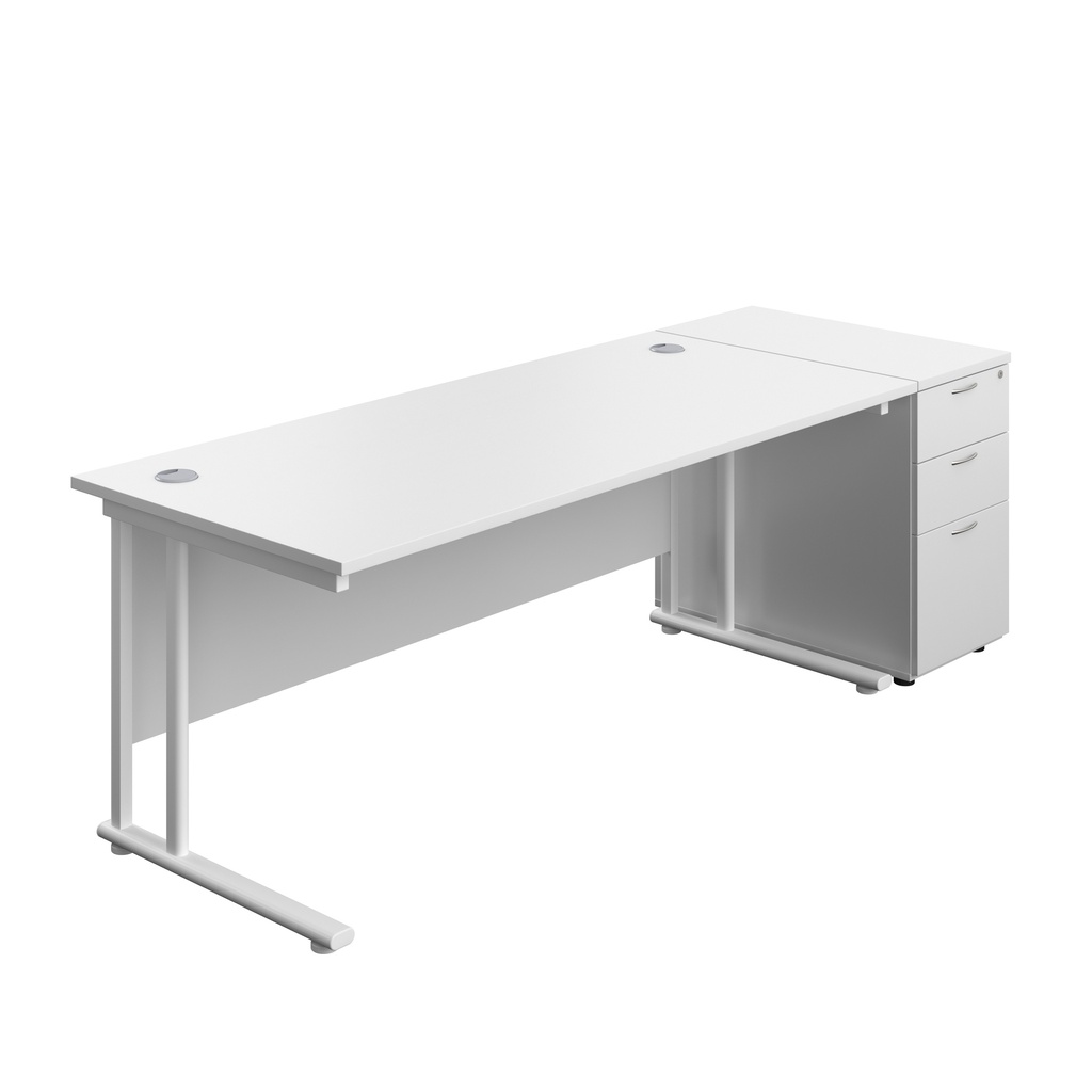 Twin Upright Rectangular Desk + Desk High 3 Drawer Pedestal (FSC) | 1800X800 | White/White | 