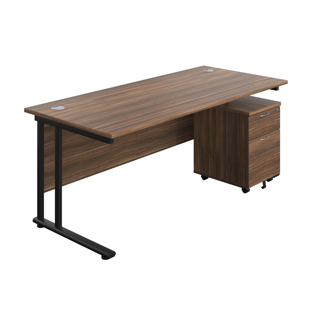 Twin Upright Rectangular Desk + Mobile 2 Drawer Pedestal (FSC) | 1800X800 | Dark Walnut/Black | 