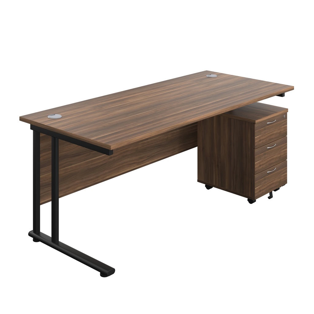 Twin Upright Rectangular Desk + Mobile 3 Drawer Pedestal (FSC) | 1800X800 | Dark Walnut/Black | 