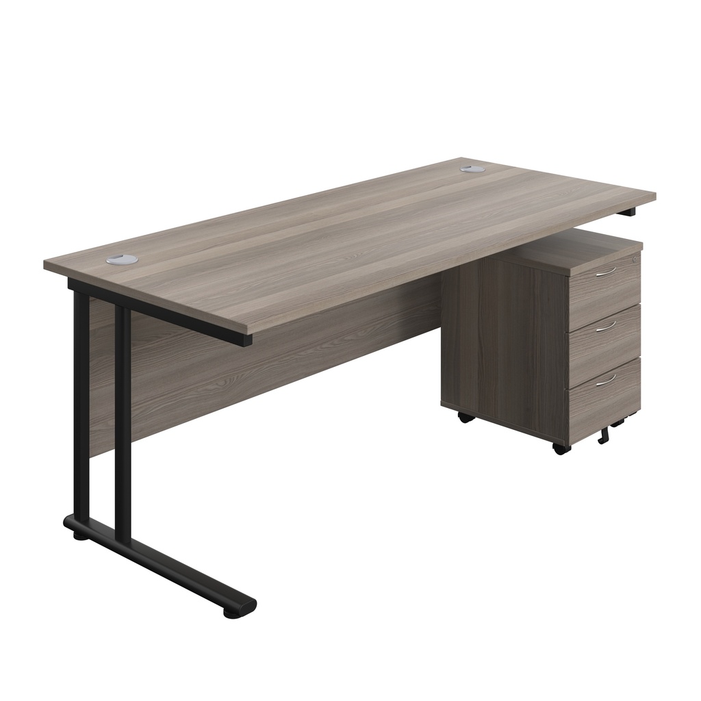 Twin Upright Rectangular Desk + Mobile 3 Drawer Pedestal (FSC) | 1800X800 | Grey Oak/Black | 