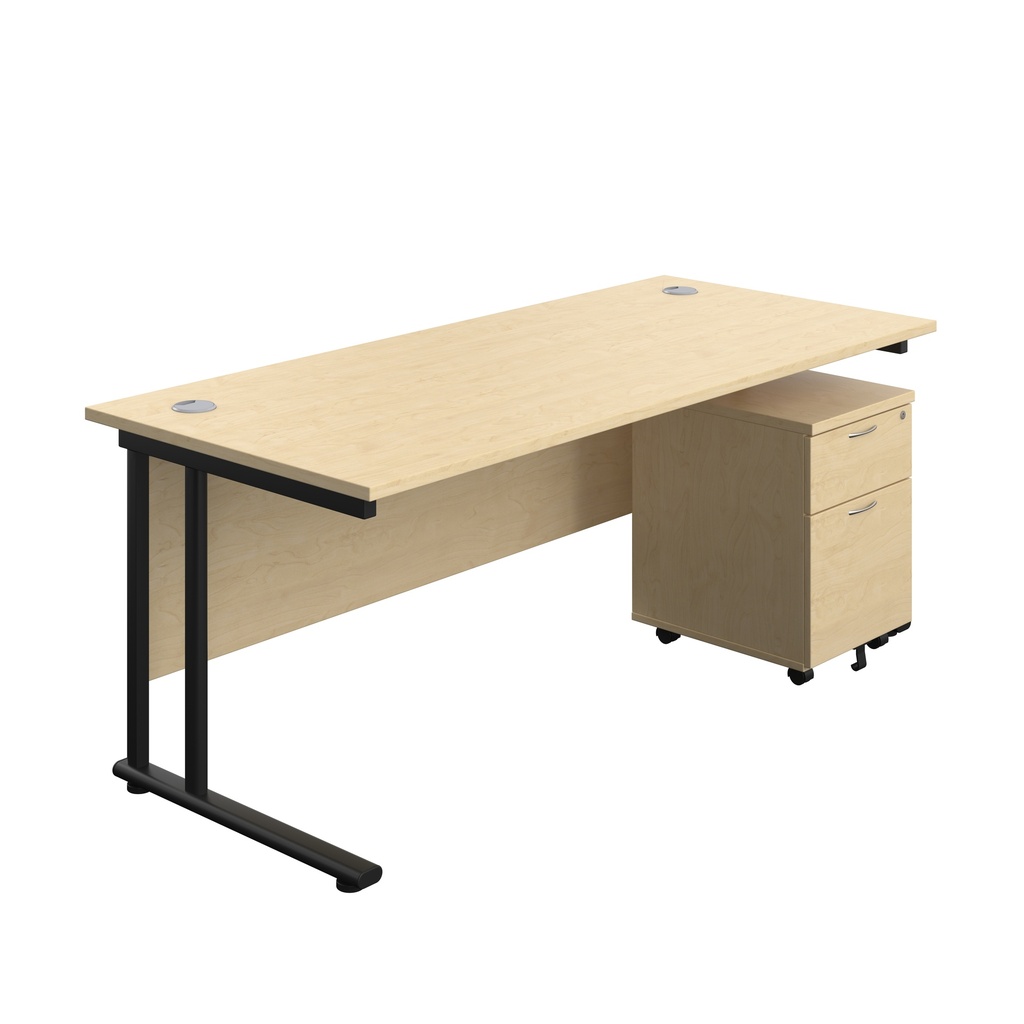 Twin Upright Rectangular Desk + Mobile 2 Drawer Pedestal (FSC) | 1800X800 | Maple/Black | 