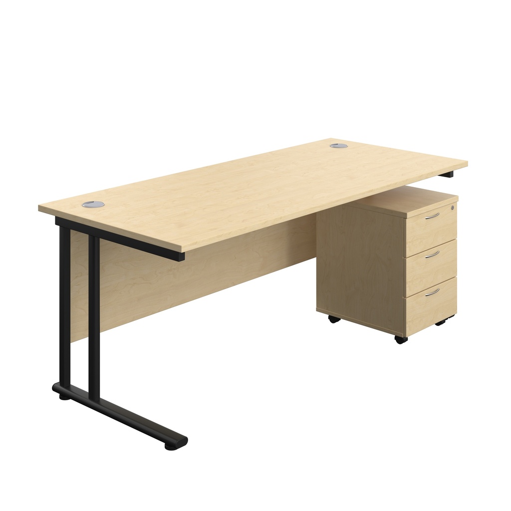 Twin Upright Rectangular Desk + Mobile 3 Drawer Pedestal (FSC) | 1800X800 | Maple/Black | 