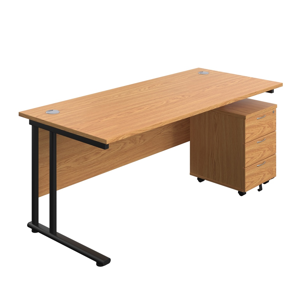Twin Upright Rectangular Desk + Mobile 3 Drawer Pedestal (FSC) | 1800X800 | Nova Oak/Black | 
