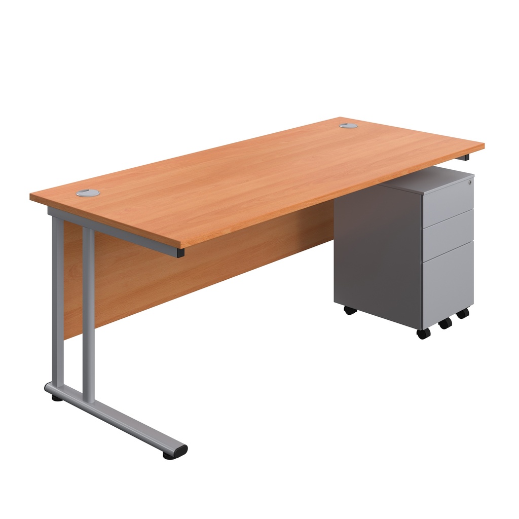 Twin Upright Rectangular Desk + Under Desk Steel Pedestal 3 Drawers (FSC) | 1800X800 | Beech/Silver | 