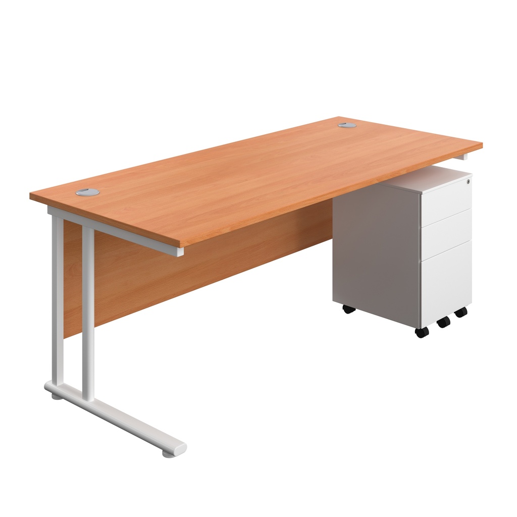 Twin Upright Rectangular Desk + Under Desk Steel Pedestal 3 Drawers (FSC) | 1800X800 | Beech/White | 