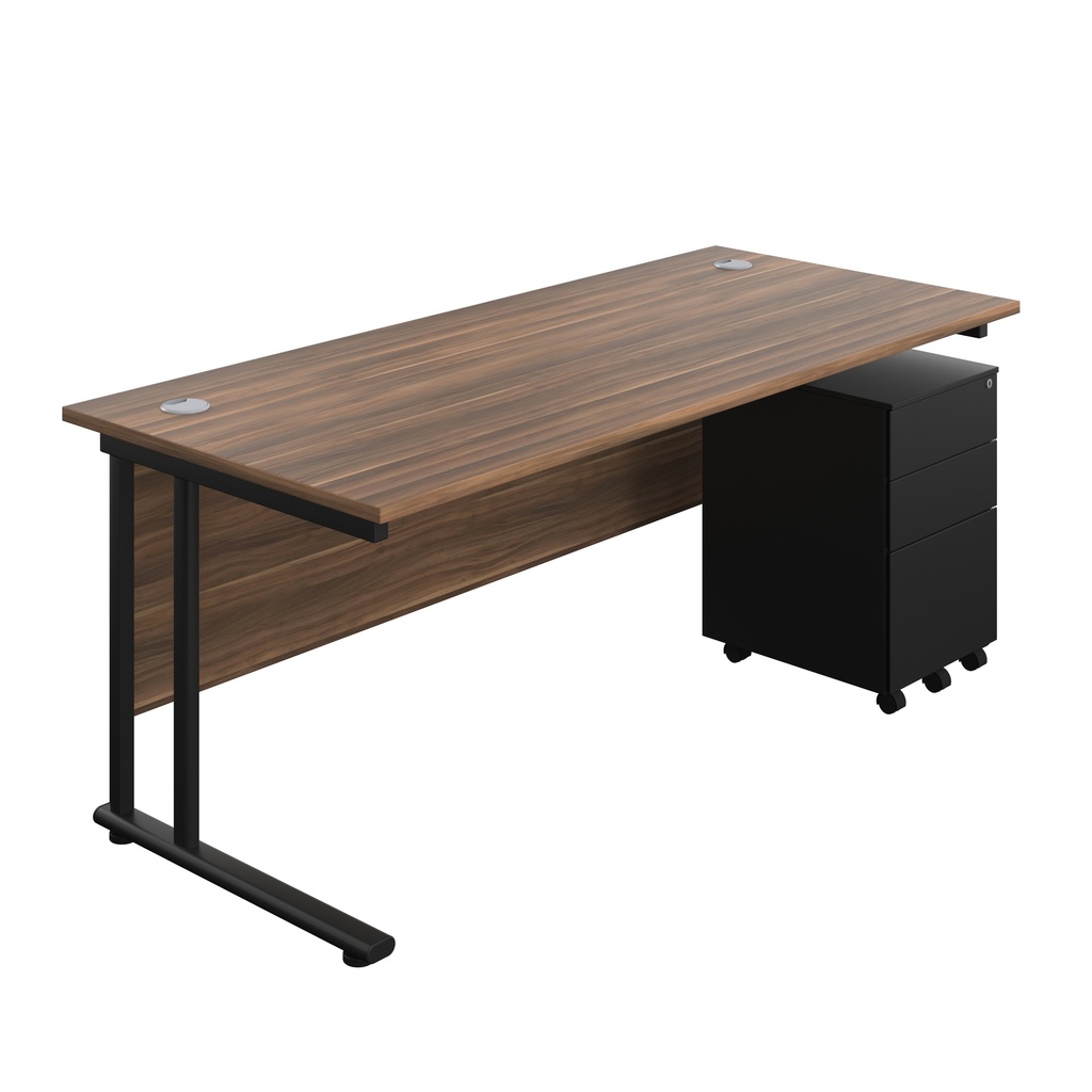 Twin Upright Rectangular Desk + Under Desk Steel Pedestal 3 Drawers (FSC) | 1800X800 | Dark Walnut/Black | 
