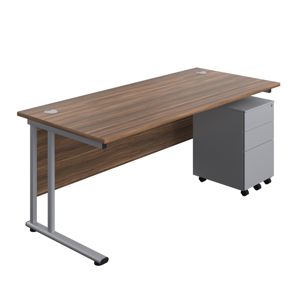 Twin Upright Rectangular Desk + Under Desk Steel Pedestal 3 Drawers (FSC) | 1800X800 | Dark Walnut/Silver | 