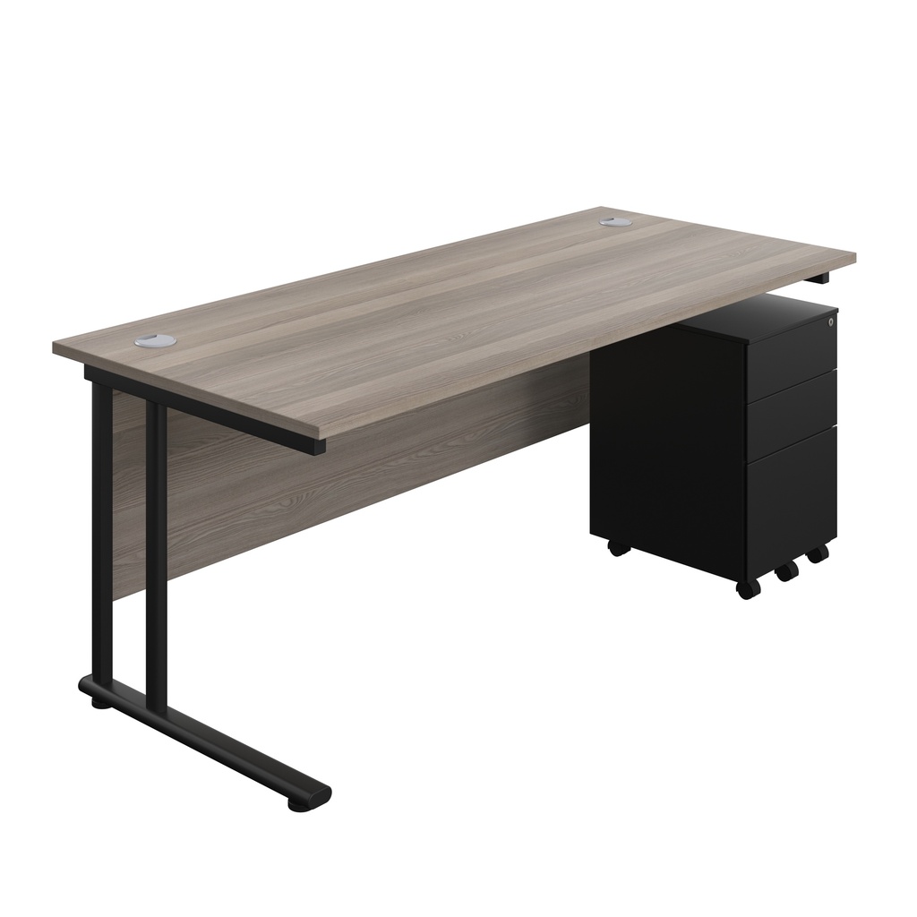 Twin Upright Rectangular Desk + Under Desk Steel Pedestal 3 Drawers (FSC) | 1800X800 | Grey Oak/Black | 
