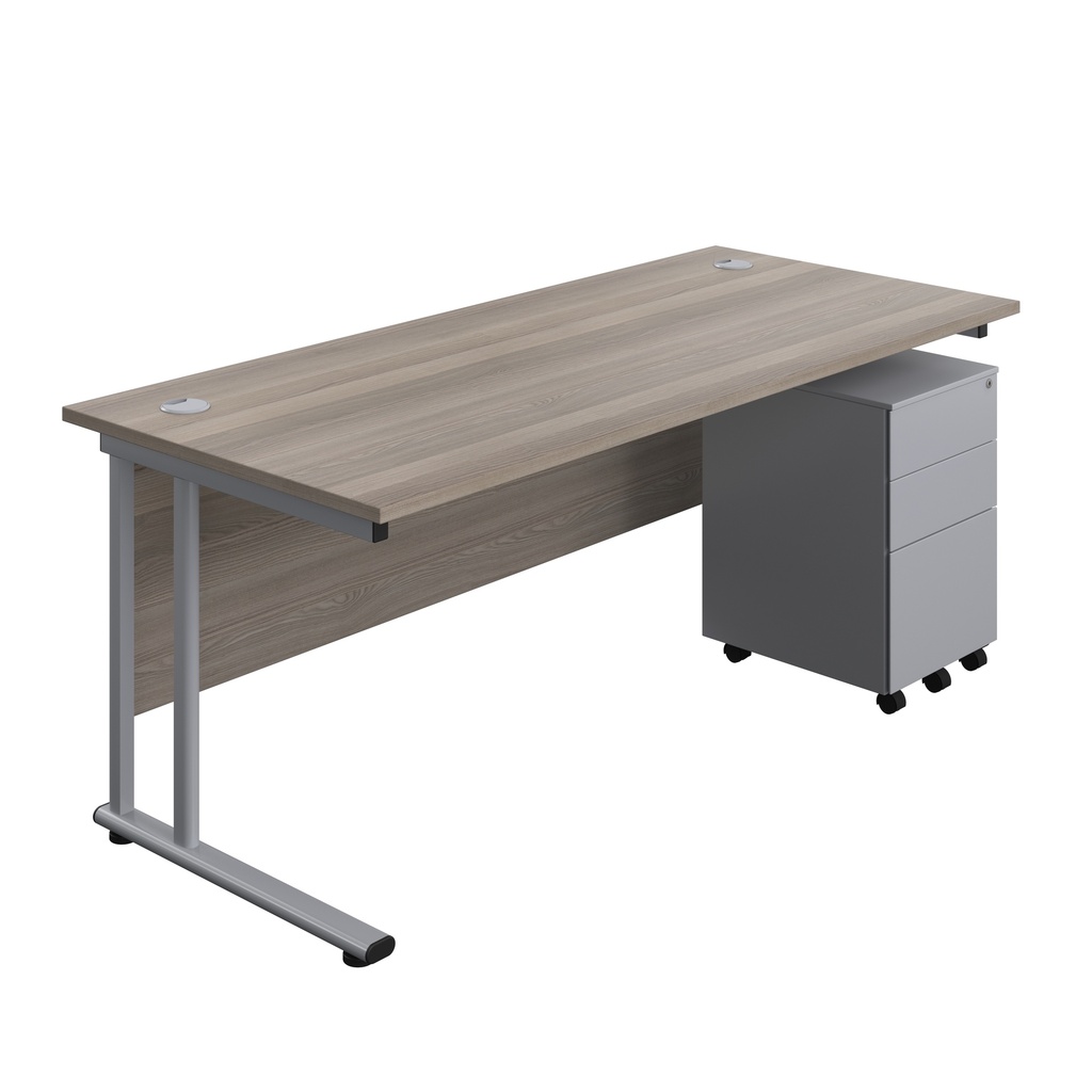 Twin Upright Rectangular Desk + Under Desk Steel Pedestal 3 Drawers (FSC) | 1800X800 | Grey Oak/Silver | 