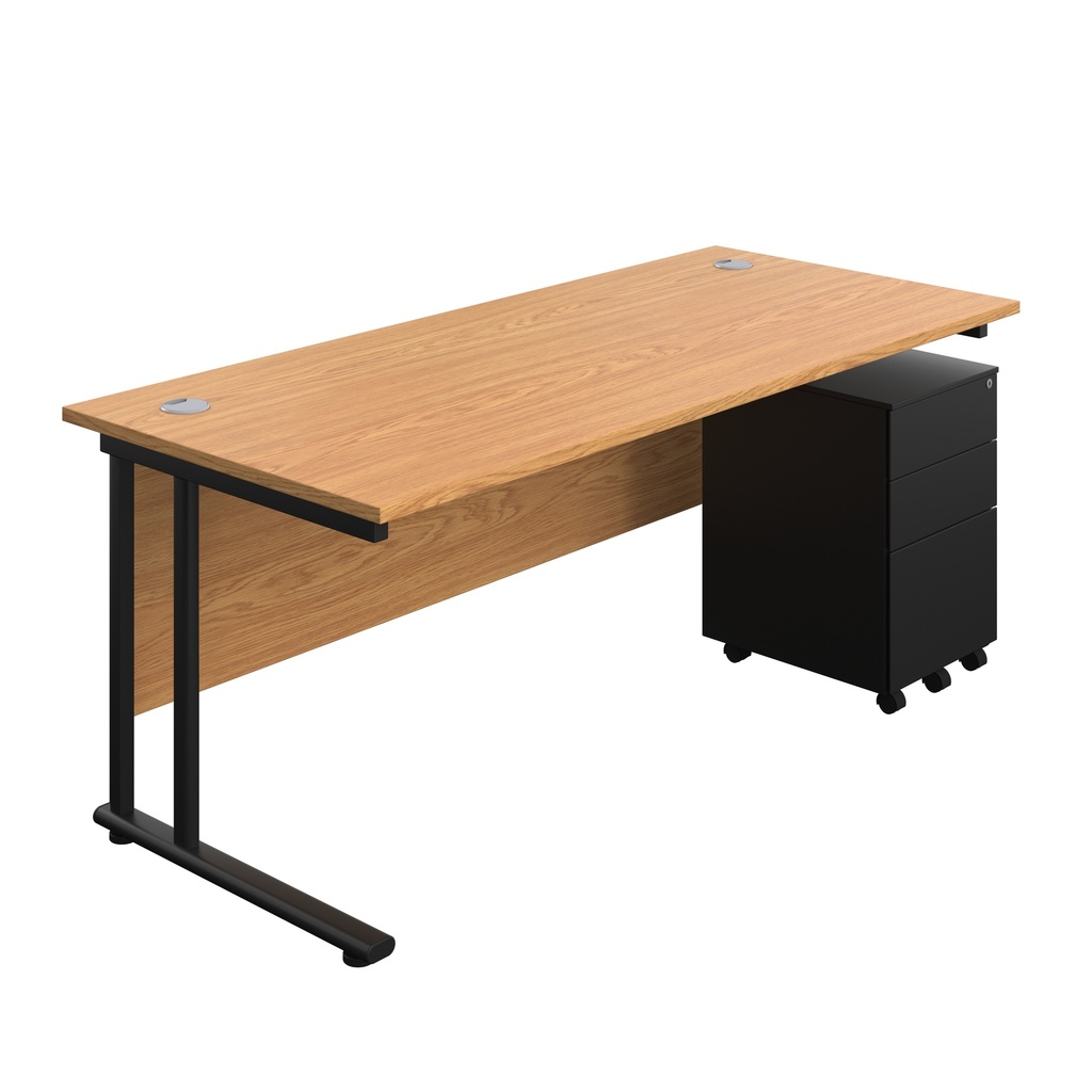 Twin Upright Rectangular Desk + Under Desk Steel Pedestal 3 Drawers (FSC) | 1800X800 | Nova Oak/Black | 