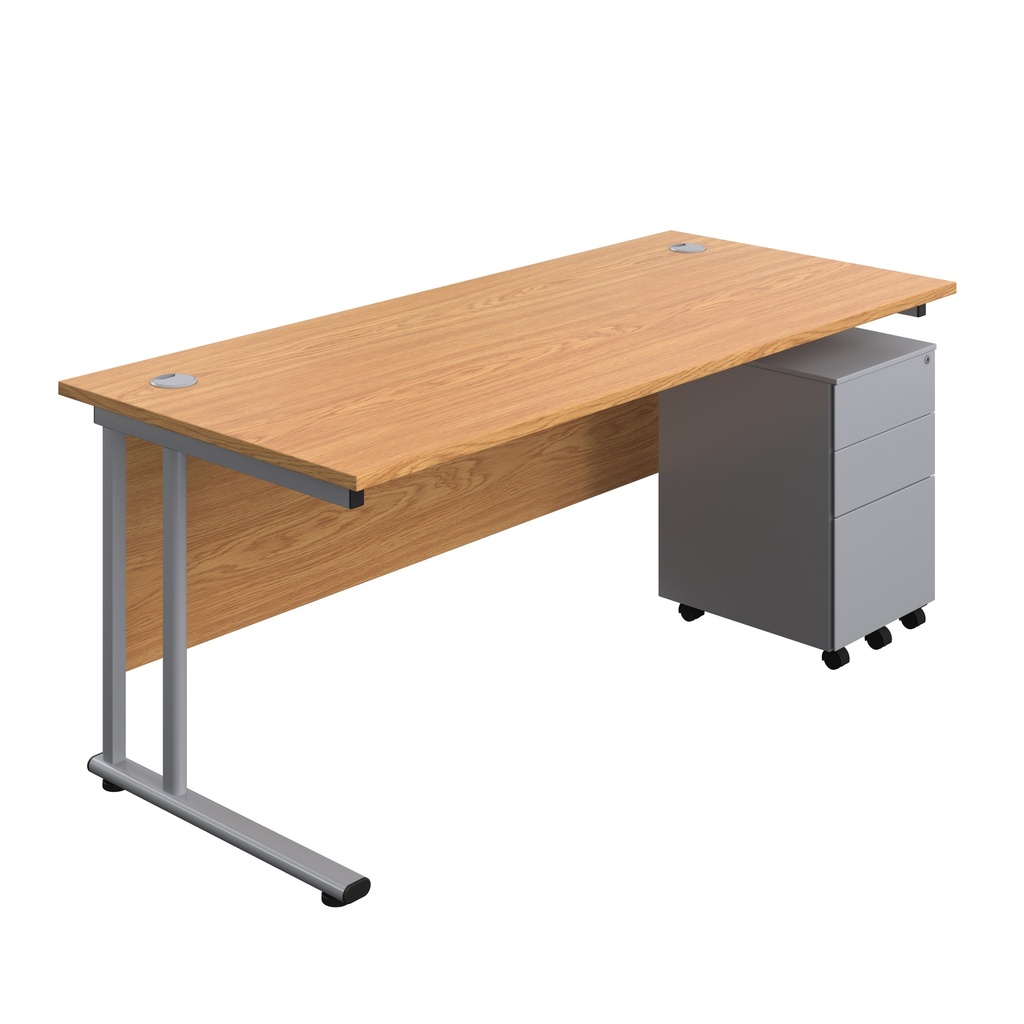 Twin Upright Rectangular Desk + Under Desk Steel Pedestal 3 Drawers (FSC) | 1800X800 | Nova Oak/Silver | 
