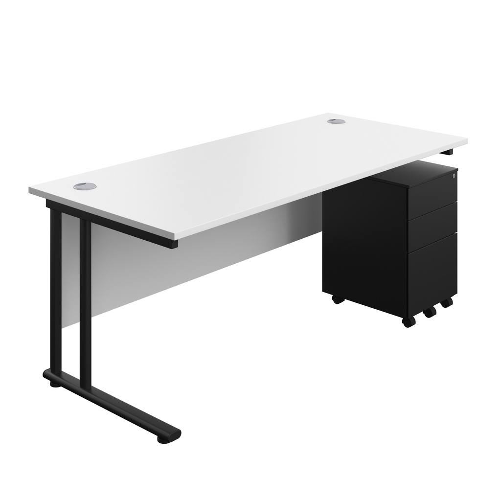 Twin Upright Rectangular Desk + Under Desk Steel Pedestal 3 Drawers (FSC) | 1800X800 | White/Black | 