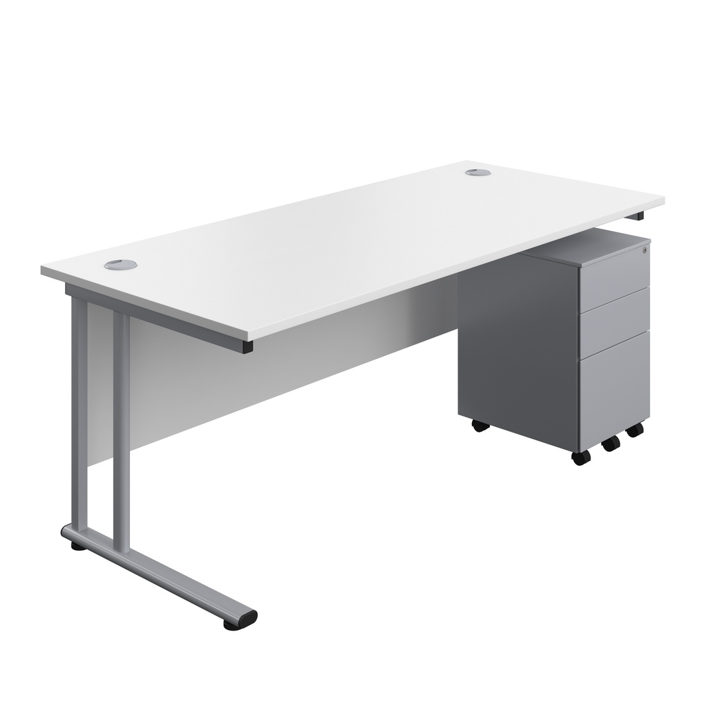 Twin Upright Rectangular Desk + Under Desk Steel Pedestal 3 Drawers (FSC) | 1800X800 | White/Silver | 