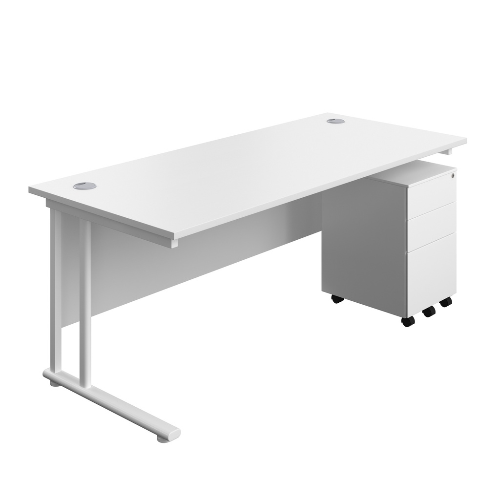 Twin Upright Rectangular Desk + Under Desk Steel Pedestal 3 Drawers (FSC) | 1800X800 | White/White | 