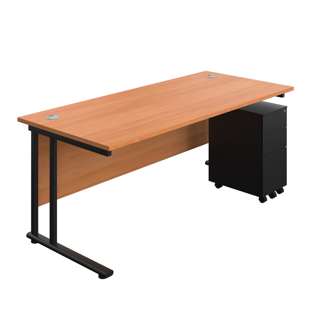 Twin Upright Rectangular Desk + Slimline Steel Pedestal 3 Drawers (FSC) | 1800X800 | Beech/Black | 