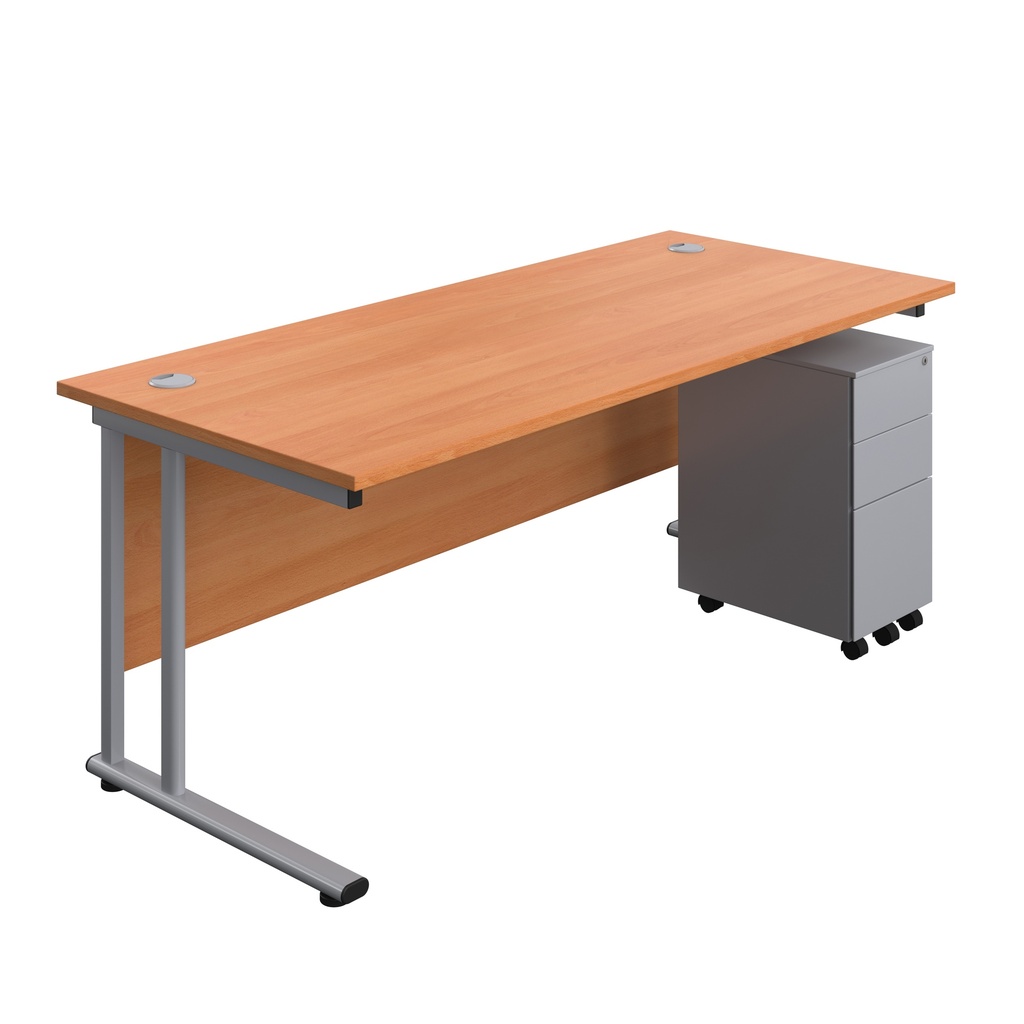 Twin Upright Rectangular Desk + Slimline Steel Pedestal 3 Drawers (FSC) | 1800X800 | Beech/Silver | 