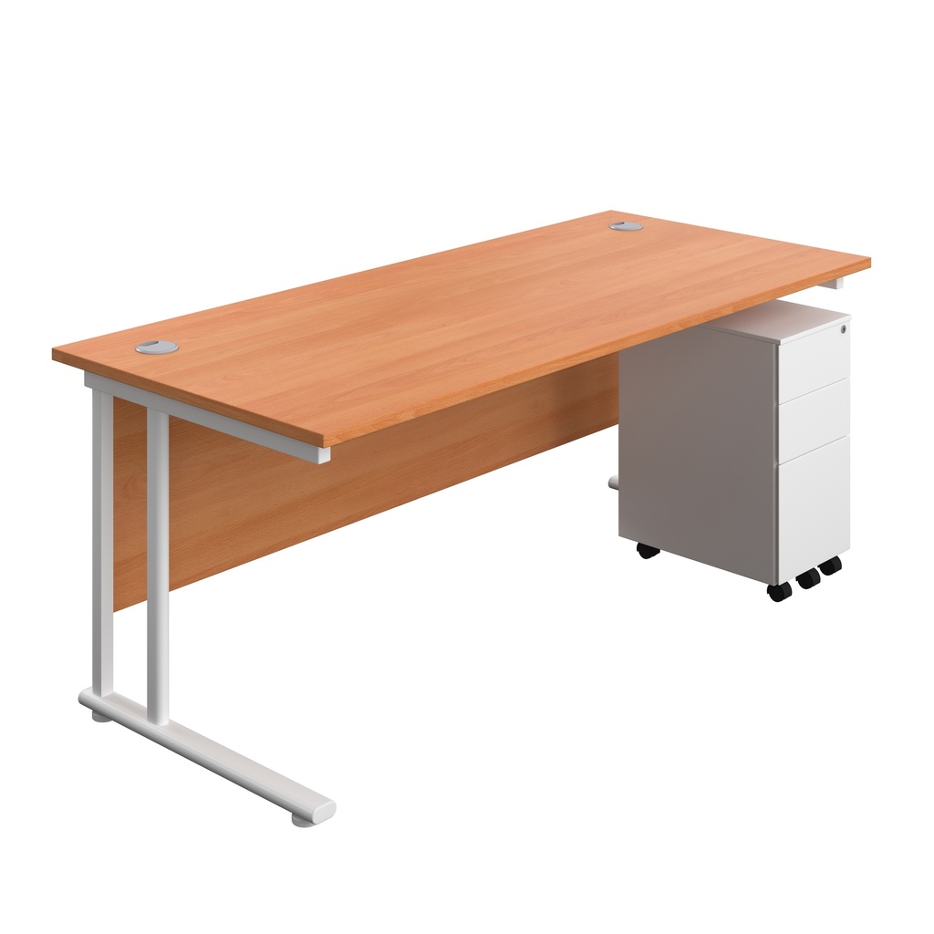 Twin Upright Rectangular Desk + Slimline Steel Pedestal 3 Drawers (FSC) | 1800X800 | Beech/White | 