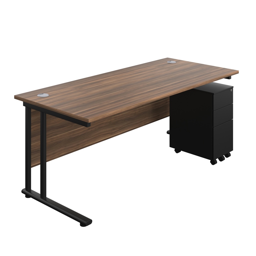 Twin Upright Rectangular Desk + Slimline Steel Pedestal 3 Drawers (FSC) | 1800X800 | Dark Walnut/Black | 