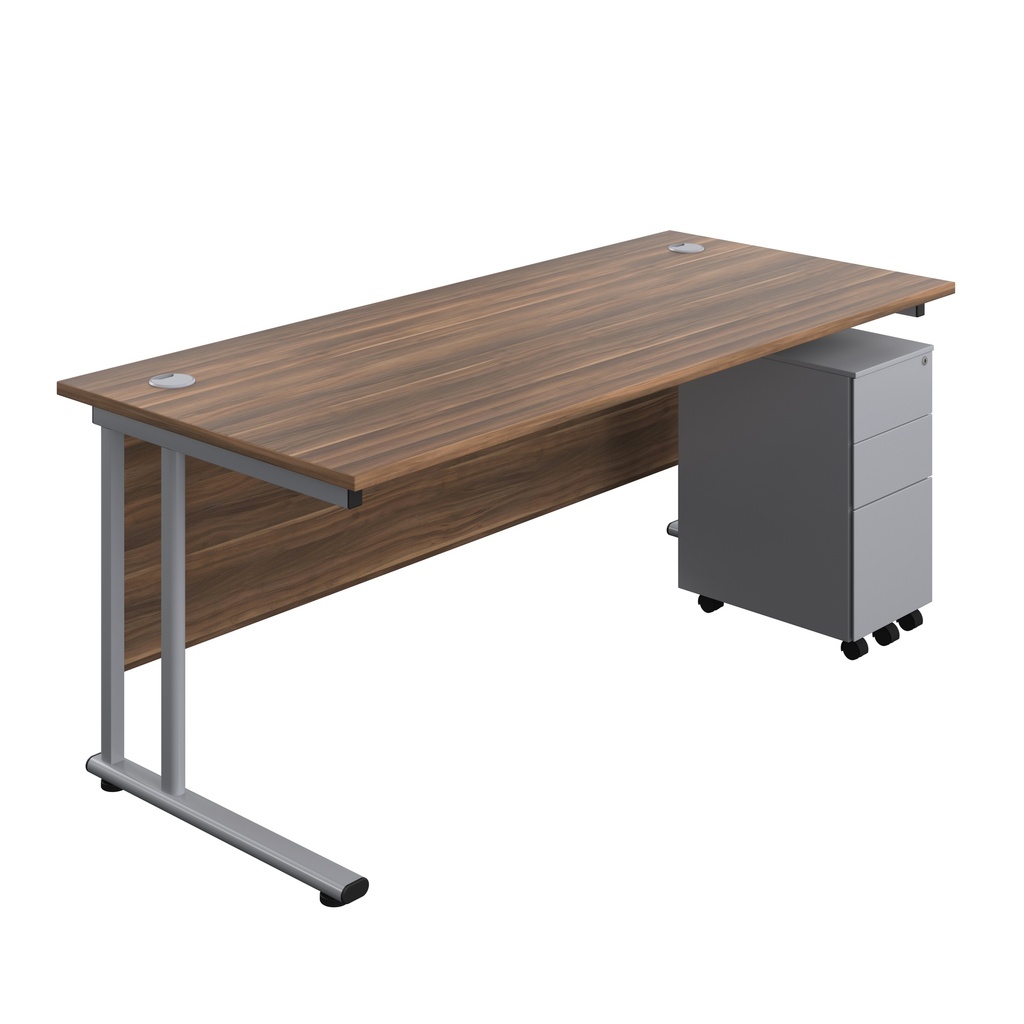 Twin Upright Rectangular Desk + Slimline Steel Pedestal 3 Drawers (FSC) | 1800X800 | Dark Walnut/Silver | 