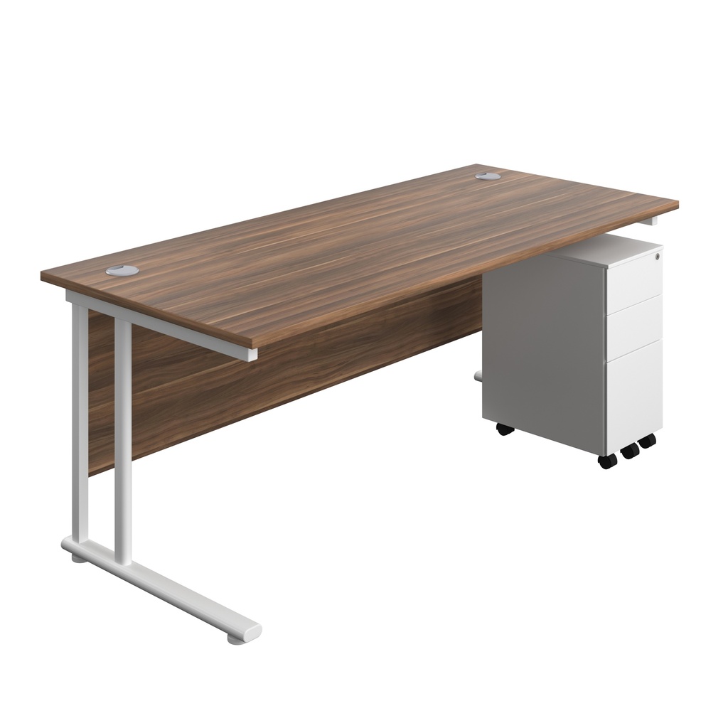 Twin Upright Rectangular Desk + Slimline Steel Pedestal 3 Drawers (FSC) | 1800X800 | Dark Walnut/White | 
