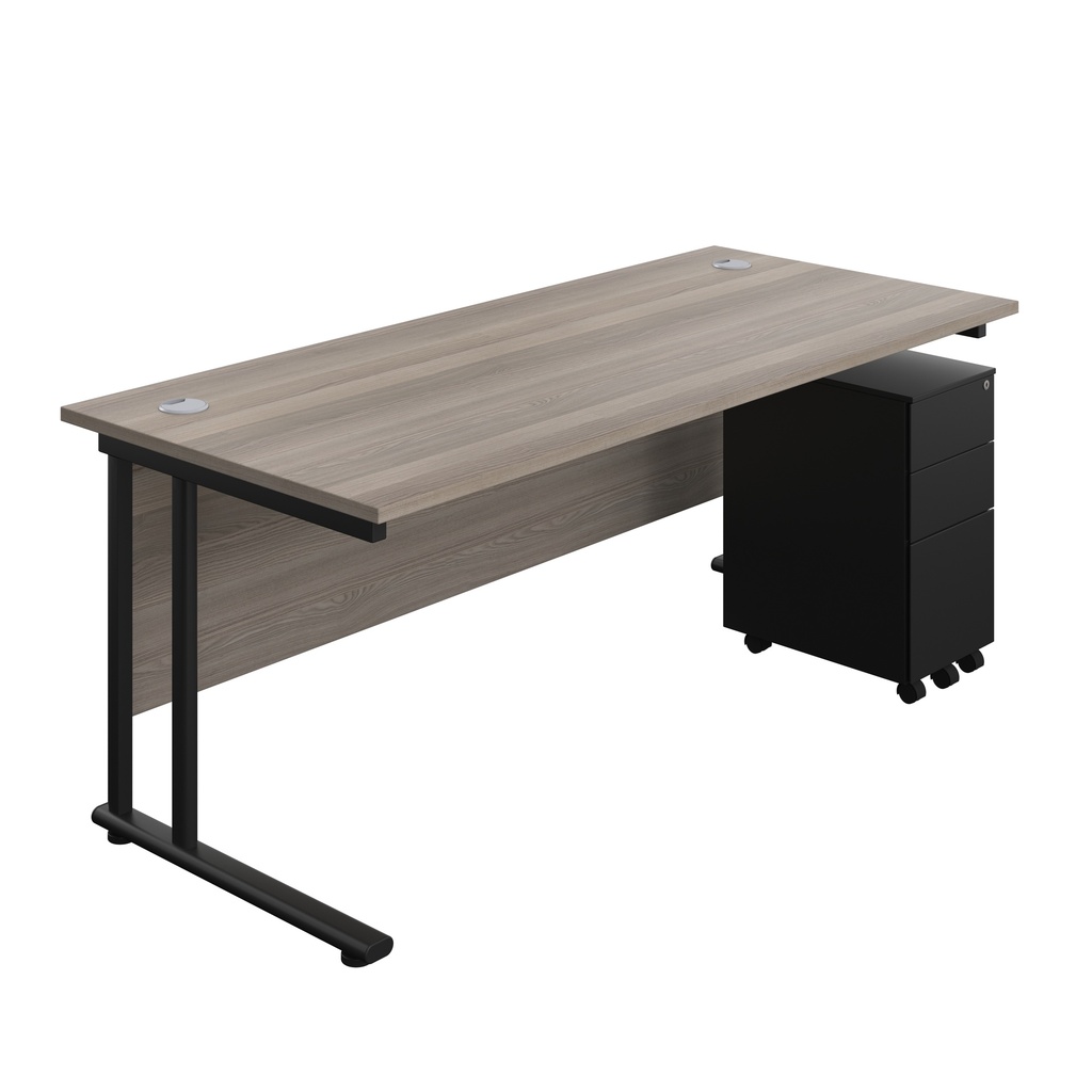 Twin Upright Rectangular Desk + Slimline Steel Pedestal 3 Drawers (FSC) | 1800X800 | Grey Oak/Black | 