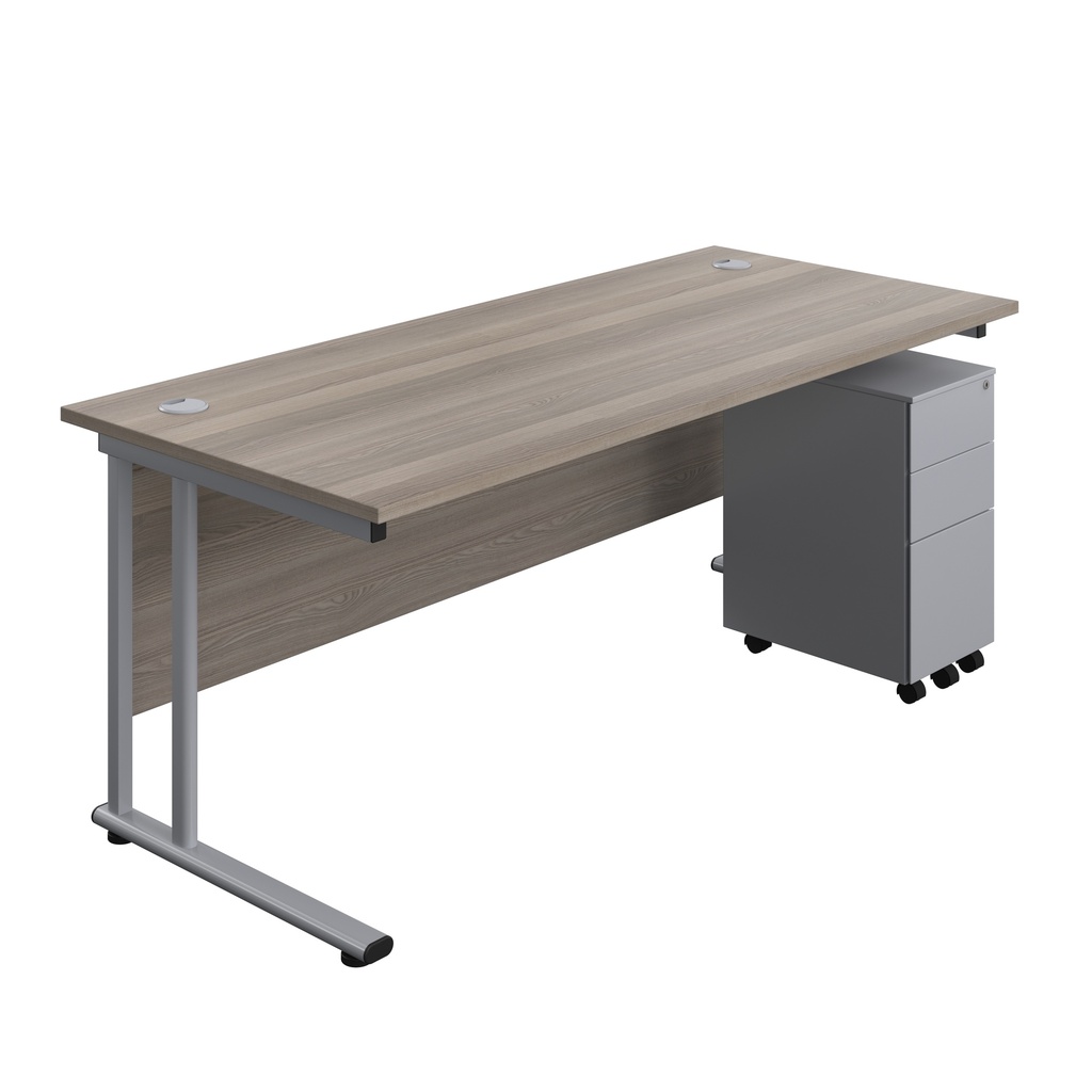 Twin Upright Rectangular Desk + Slimline Steel Pedestal 3 Drawers (FSC) | 1800X800 | Grey Oak/Silver | 