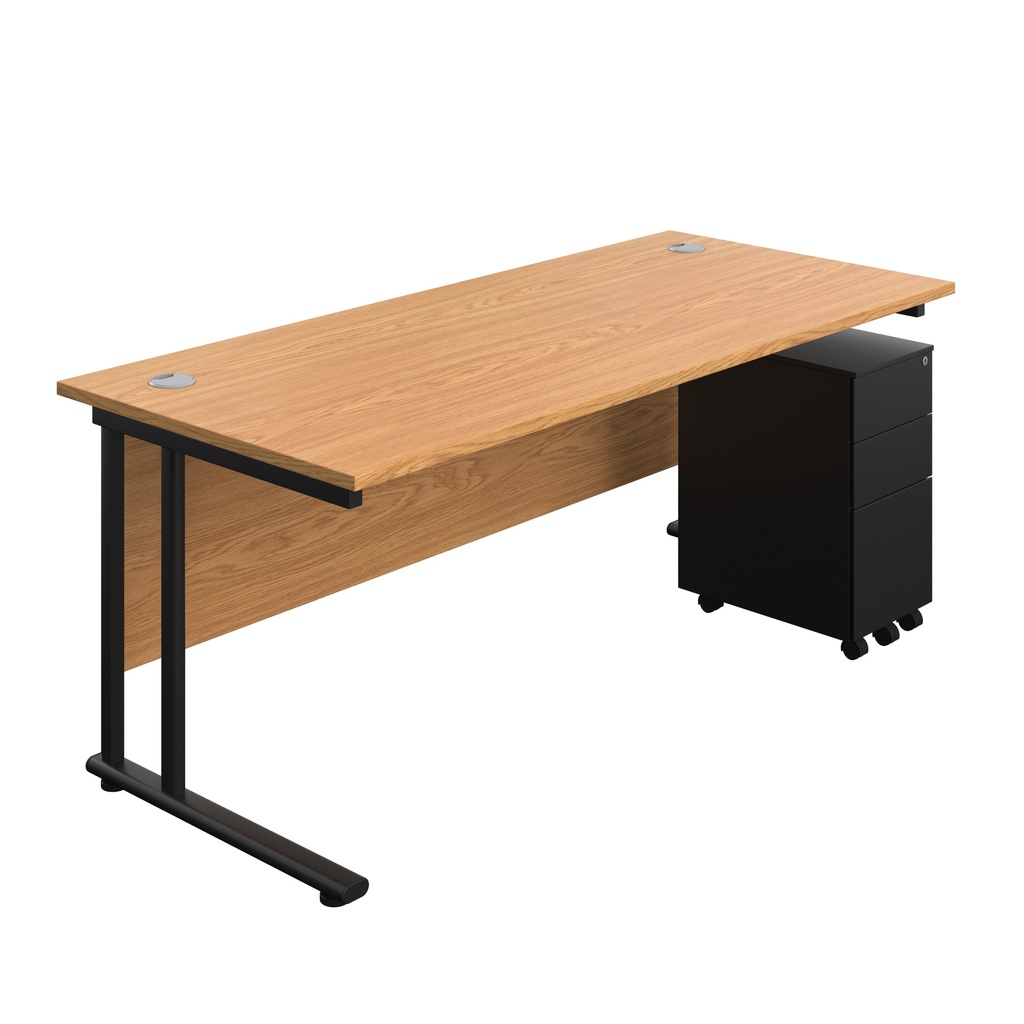 Twin Upright Rectangular Desk + Slimline Steel Pedestal 3 Drawers (FSC) | 1800X800 | Nova Oak/Black | 