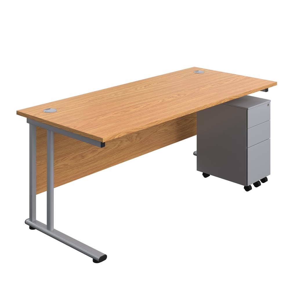 Twin Upright Rectangular Desk + Slimline Steel Pedestal 3 Drawers (FSC) | 1800X800 | Nova Oak/Silver | 