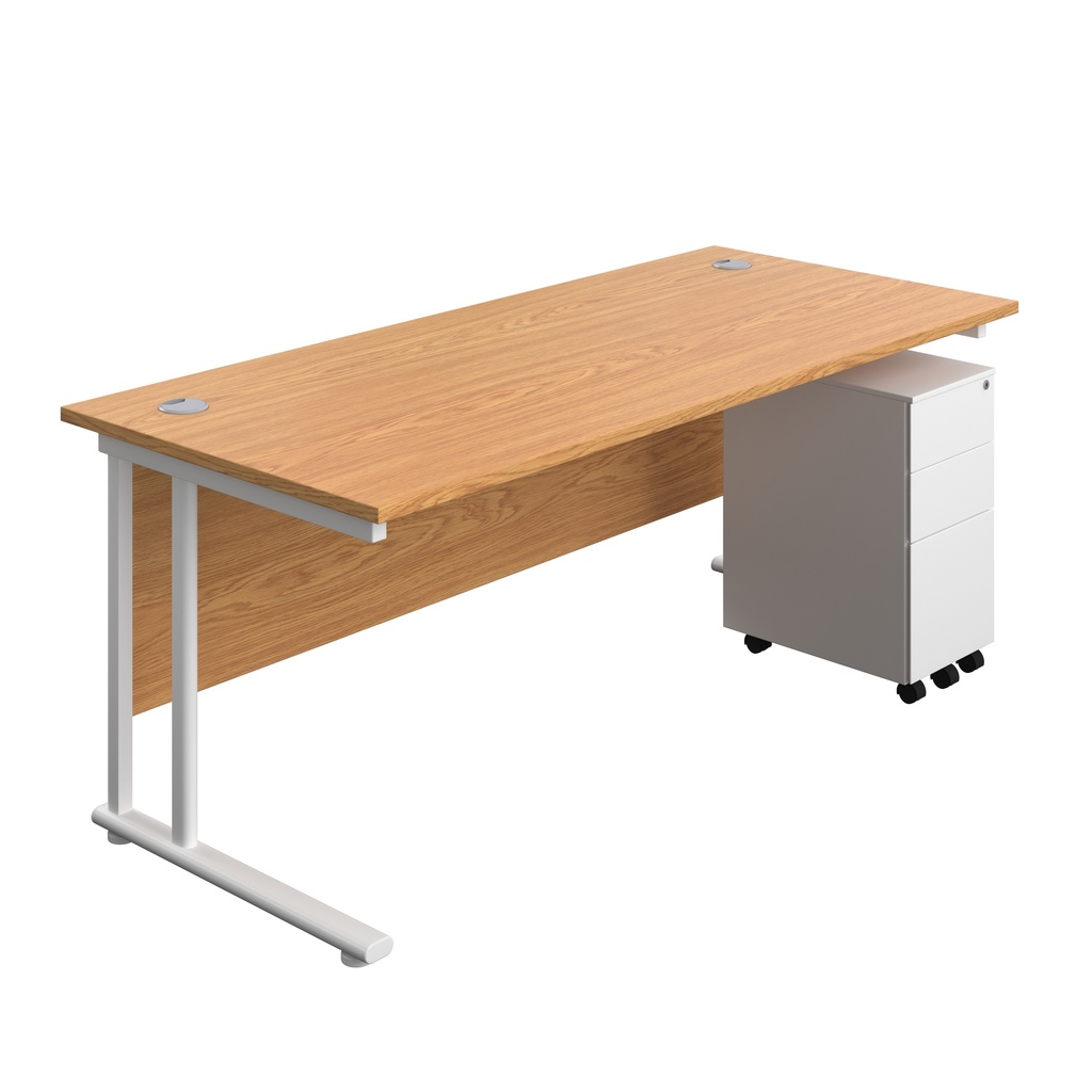 Twin Upright Rectangular Desk + Slimline Steel Pedestal 3 Drawers (FSC) | 1800X800 | Nova Oak/White | 