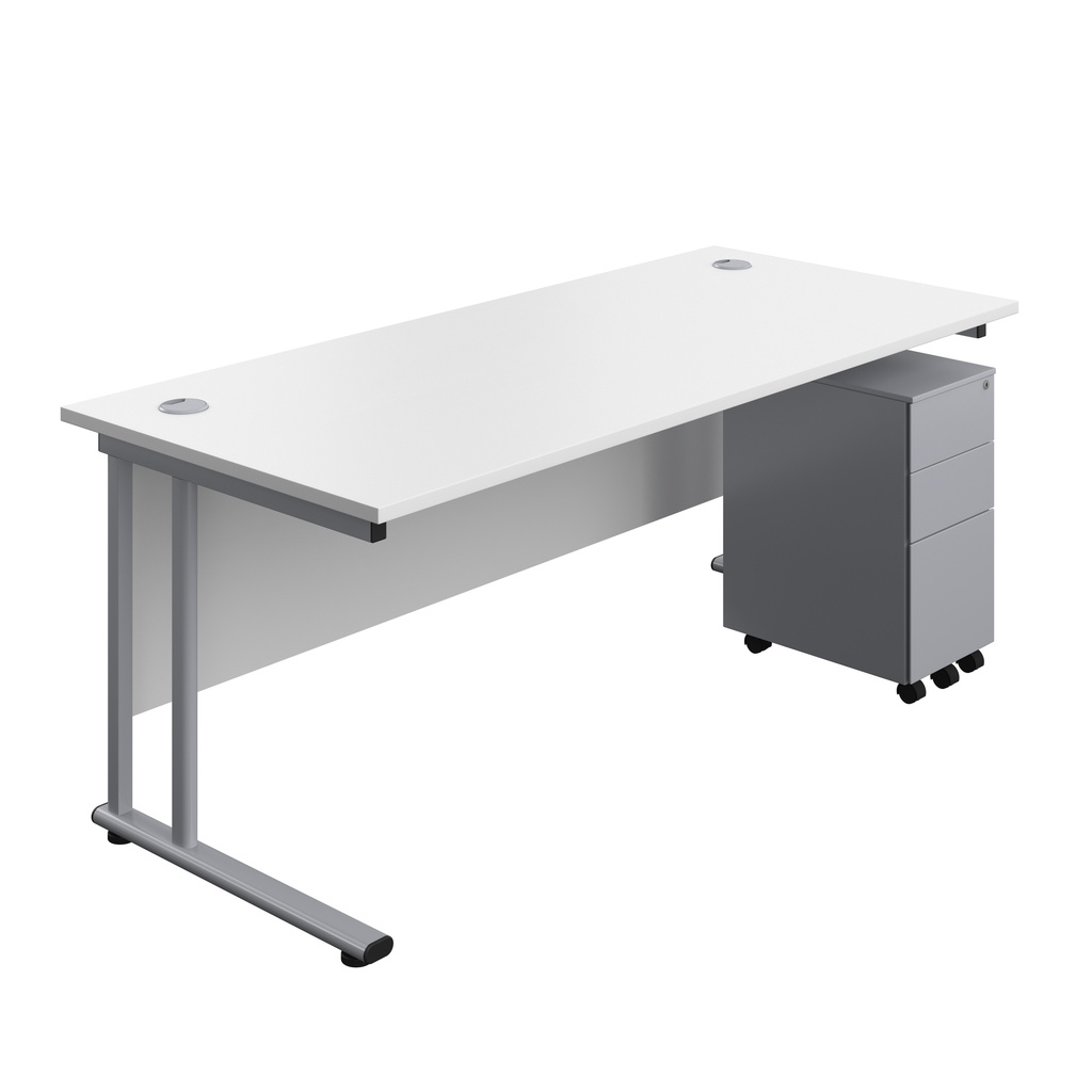 Twin Upright Rectangular Desk + Slimline Steel Pedestal 3 Drawers (FSC) | 1800X800 | White/Silver | 