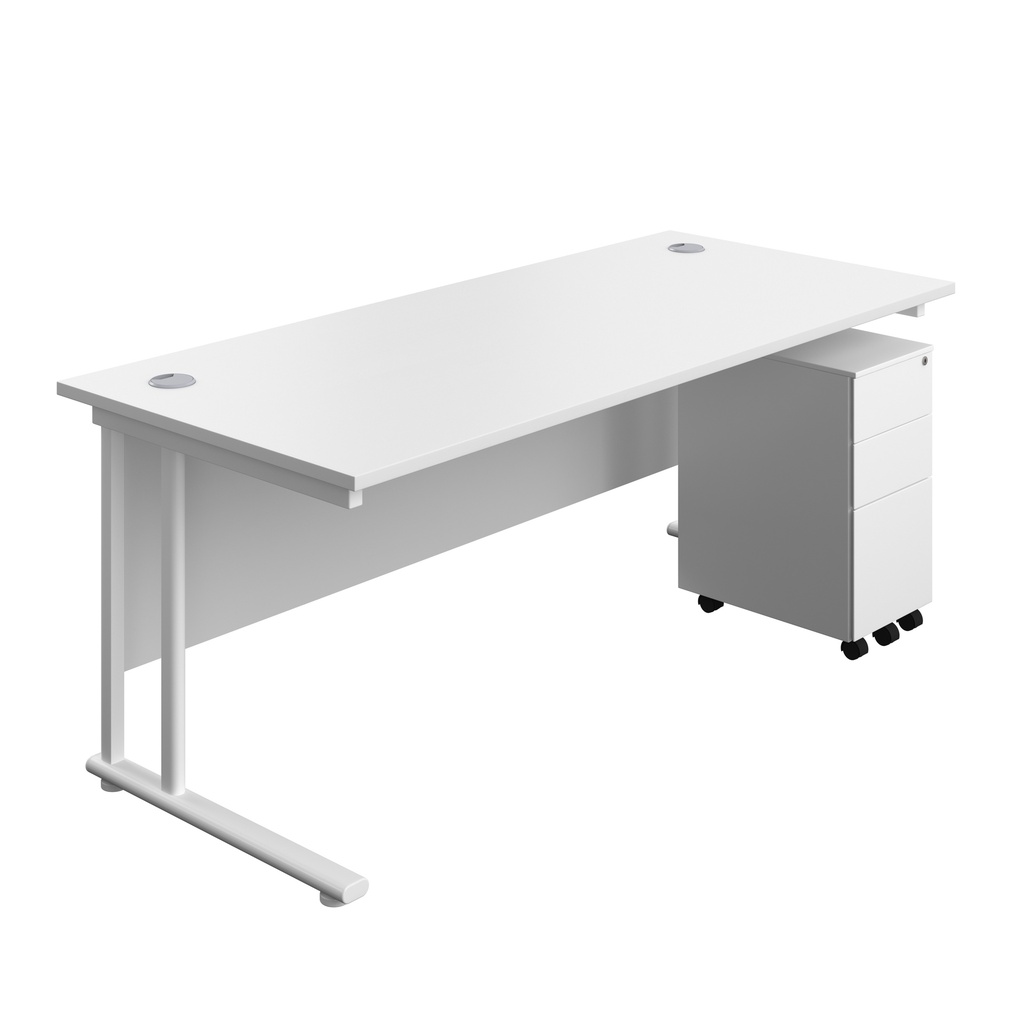 Twin Upright Rectangular Desk + Slimline Steel Pedestal 3 Drawers (FSC) | 1800X800 | White/White | 