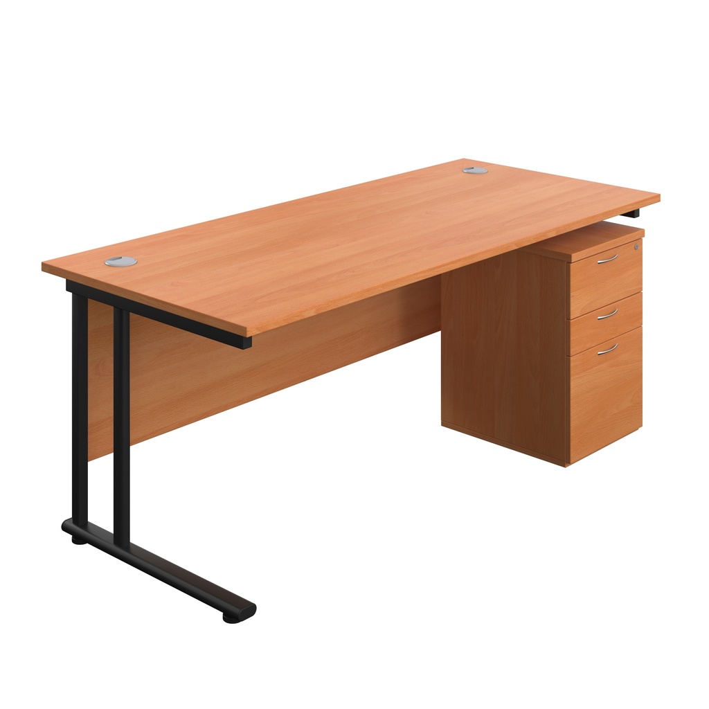 Twin Upright Rectangular Desk + High Mobile Pedestal 3 Drawer (FSC) | 1800X800 | Beech/Black | 