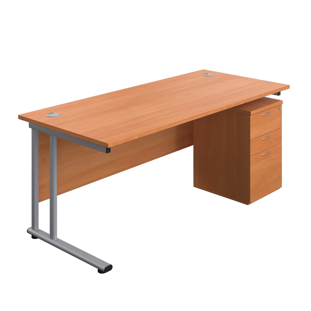 Twin Upright Rectangular Desk + High Mobile Pedestal 3 Drawer (FSC) | 1800X800 | Beech/Silver | 