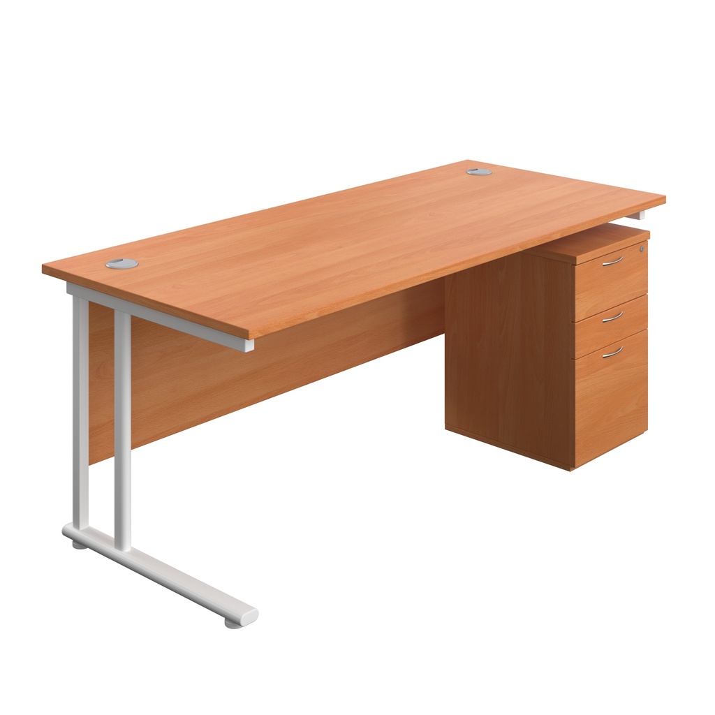 Twin Upright Rectangular Desk + High Mobile Pedestal 3 Drawer (FSC) | 1800X800 | Beech/White | 